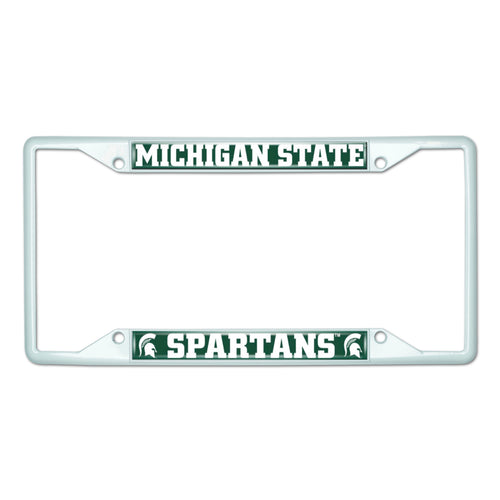 Michigan State white license plate frame by Logo Brands, featuring bold state and university design.