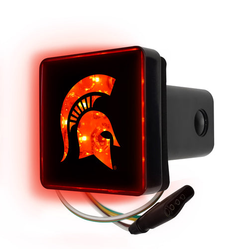 Michigan State University lighted hitch cover by Logo Brands, featuring the Spartan logo and LED lighting for vehicle display.