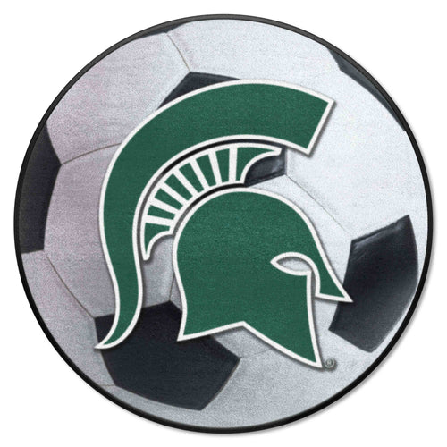 Michigan State University soccer ball mat by Logo Brands, featuring a detailed green and white Spartan logo design.