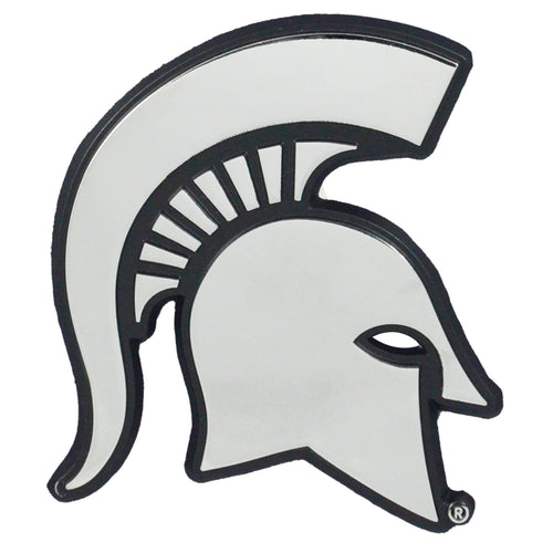 Michigan State University chrome emblem by Logo Brands, featuring the iconic Spartan logo on a shiny metal surface.