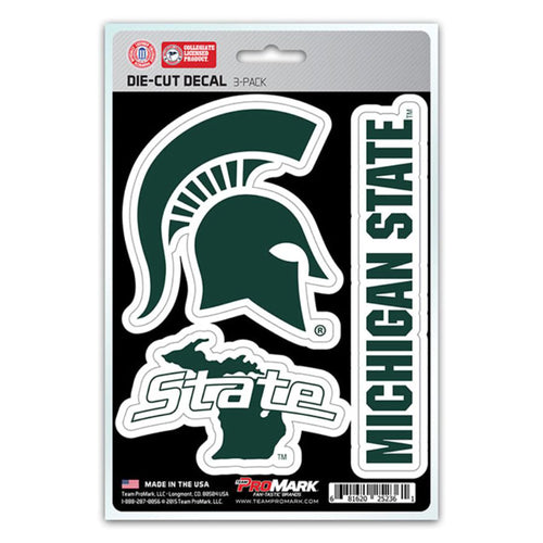 Set of three Michigan State University decals by Logo Brands, featuring green and white Spartan logos on adhesive backing.