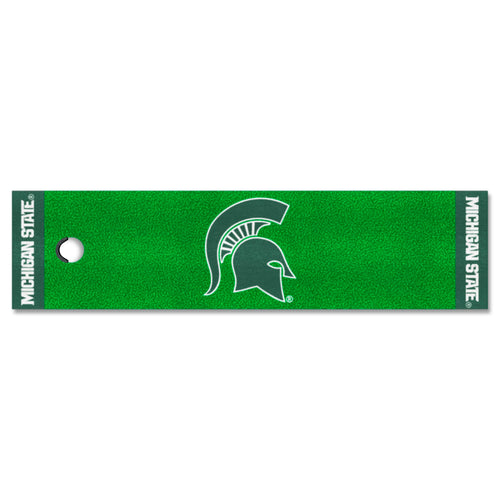 Michigan State University logo branded putting green mat with realistic turf surface for golf practice.
