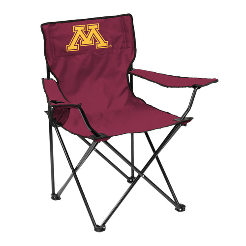 Logo Brands Minnesota quad chair with green fabric and metal frame, portable outdoor furniture with armrests and cup holder.