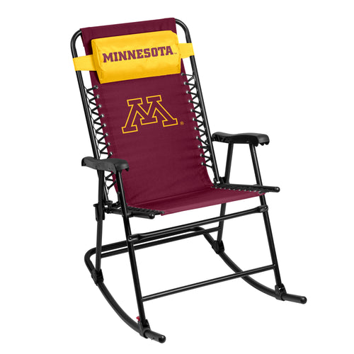Minnesota Bungee Rocker by Logo Brands, a comfortable gray furniture rocker with a cushioned seat and wooden armrests.