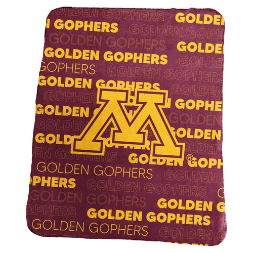 Minnesota University classic fleece blanket by Logo Brands, featuring the university logo and team colors for fans.