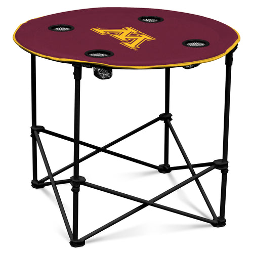 Round Minnesota-themed wooden table by Logo Brands, featuring a polished surface and sturdy legs for versatile home use.