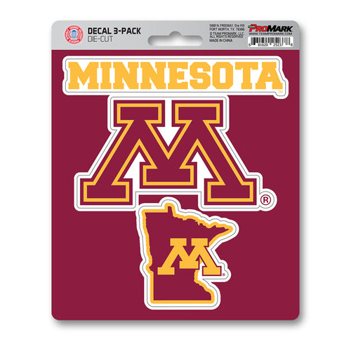 Set of three University of Minnesota decals by Logo Brands featuring Minnesota Gophers logos on adhesive stickers.