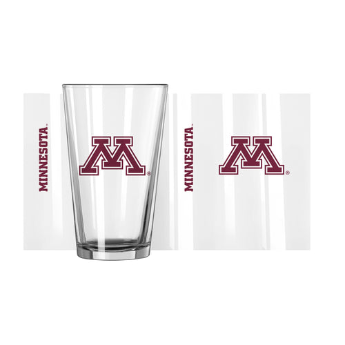 Minnesota Gameday 16oz pint glass by Logo Brands, clear drinkware with Minnesota team logo and design for sports fans.