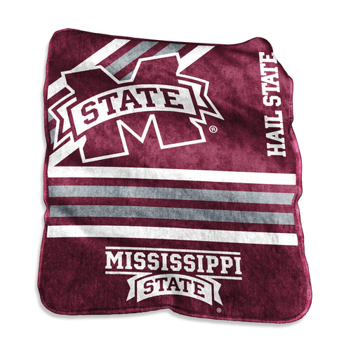 Mississippi State Raschel throw blanket by Logo Brands, soft and cozy with team logo and colors displayed.