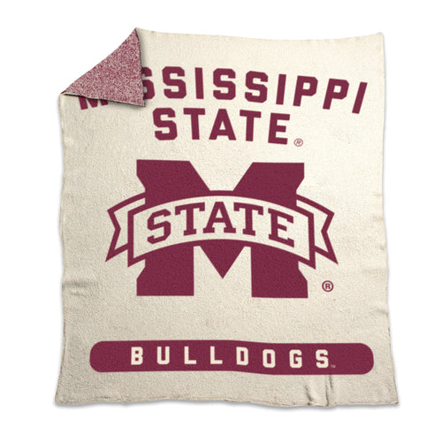 Mississippi State Luxe Prime Dreams throw blanket by Logo Brands, soft fleece with Bulldogs logo and team colors.