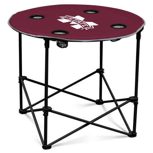 Round Mississippi State logo table, durable furniture piece with team emblem, ideal for game rooms or sports fans' spaces.