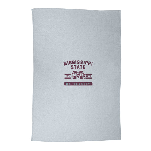 Mississippi State sublimated sweatshirt blanket by Logo Brands featuring gray fabric and university logo design.