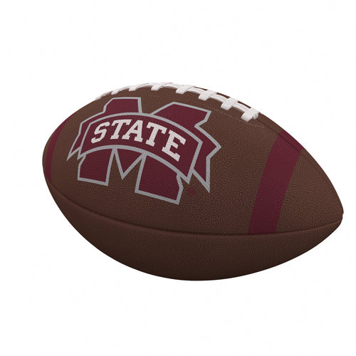 Mississippi State Bulldogs official-size composite football with team stripe design, Logo Brands recreation football for fans and sports enthusiasts.