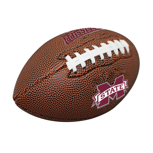 Mississippi State mini size composite football by Logo Brands, showing the team logo and detailed stitching for recreation use.