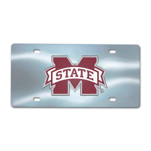 Chrome diecast Mississippi State University license plate with MSU logo and school colors, made by Logo Brands.
