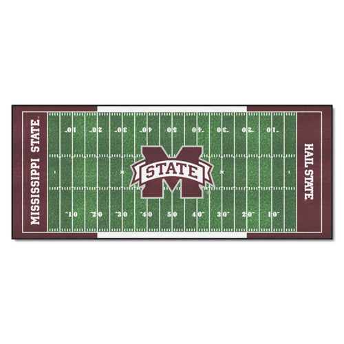Mississippi State University football field runner mat by Logo Brands featuring team colors and logo on durable flooring.