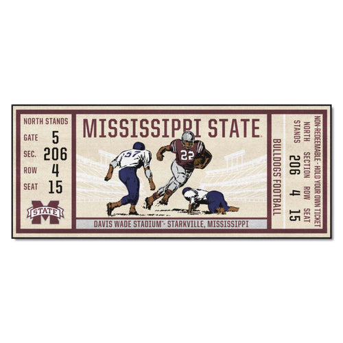 Mississippi State University Ticket Runner mat by Logo Brands with Bulldog logo and university colors for game-day decor