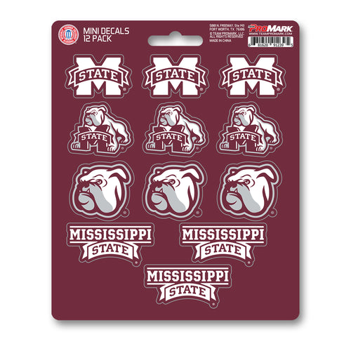 Set of 12 Mississippi State University mini decals by Logo Brands, featuring team logos on adhesive stickers for fans.