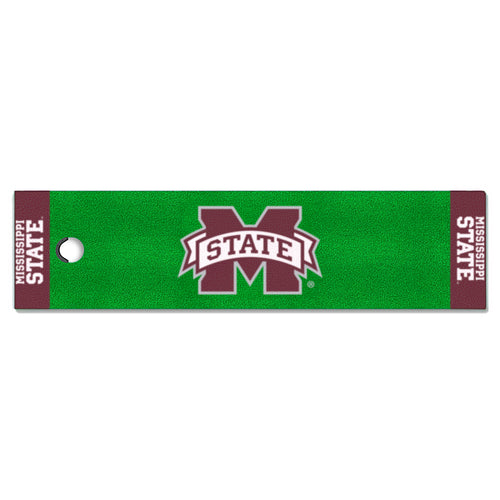 Mississippi State University logo putting green mat by Logo Brands, featuring the university's emblem and a golf putting surface.