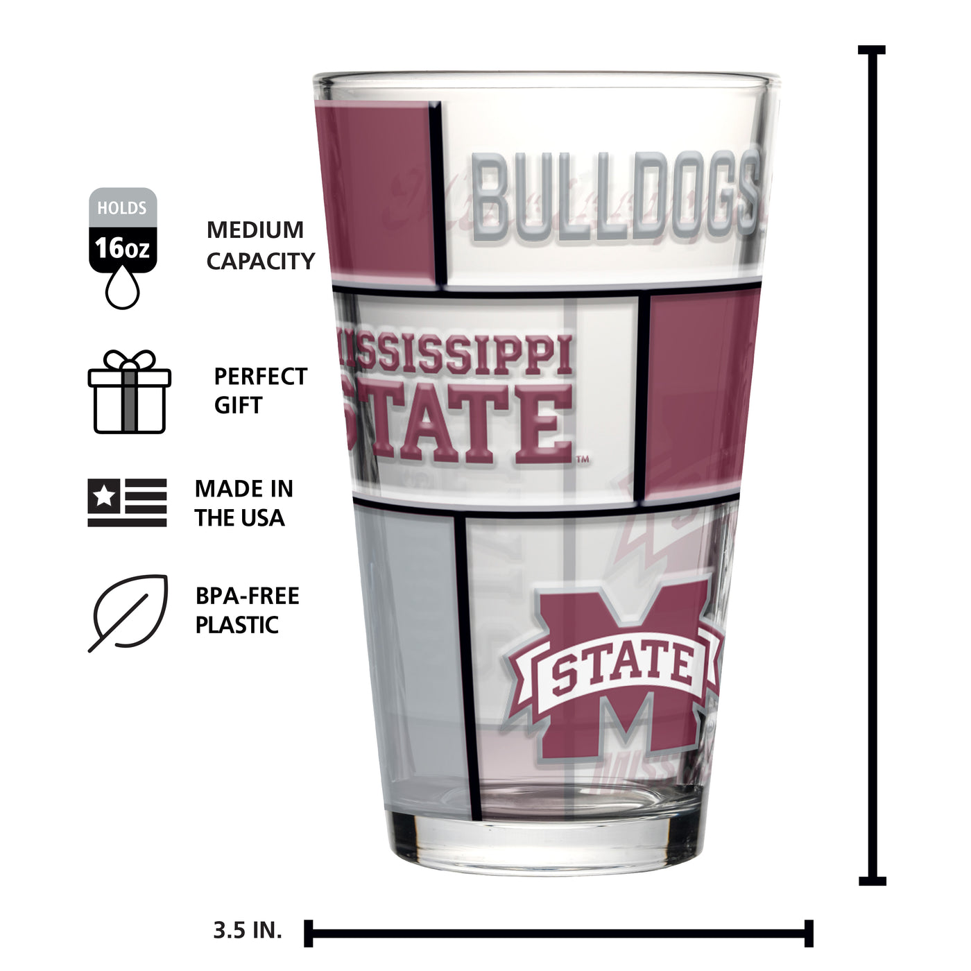 Mississippi State 16oz Quilted Stained Pint Glass