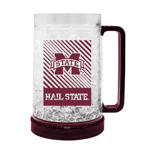 Mississippi State Freezer Mug by Logo Brands, clear drinkware with team logo, designed to keep beverages cold.