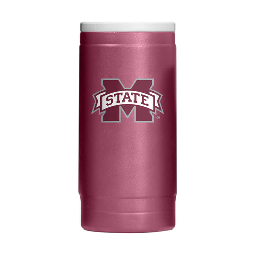 Mississippi State Flipside Powder Coat Slim Can Cooler by Logo Brands, showing a navy blue can cooler with the Mississippi State logo.