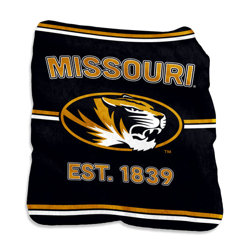 Missouri Raschel Rally House throw blanket by Logo Brands with Missouri Tigers logo and team colors.