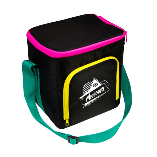Missouri Rad Cooler by Logo Brands featuring a vibrant Missouri Tigers design, portable cooler with handles and insulated interior.