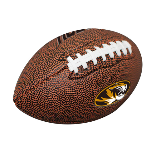 Missouri Mini Size Composite Football by Logo Brands, a small recreational football with Missouri team logo and stitching details.