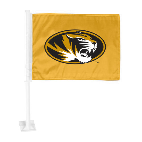 University of Missouri car flag by Logo Brands, auto flag with Missouri Tigers logo on fabric, mounted on a vehicle window.