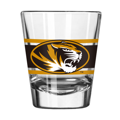 Missouri 2oz stripe shot glass by Logo Brands, clear glass drinkware with blue and white stripe design for shots.