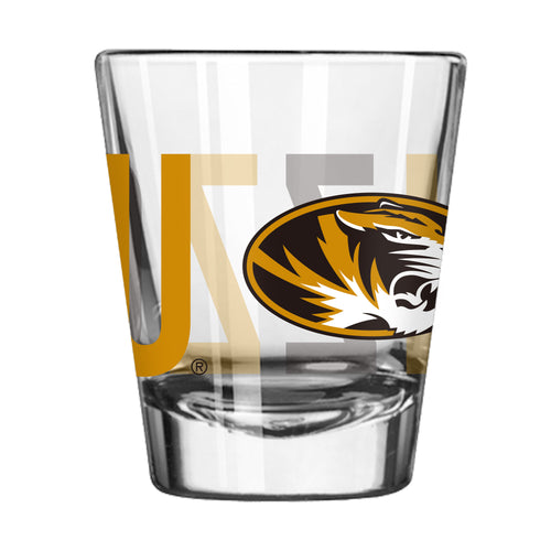 Missouri 2oz Overtime Shot Glass by Logo Brands, clear glass drinkware with Missouri state design, perfect for shot servings.