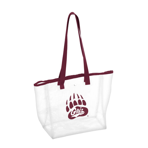 Clear tote bag featuring Montana Griz Paw logo, made by Logo Brands, with sturdy handles and spacious interior for everyday use.