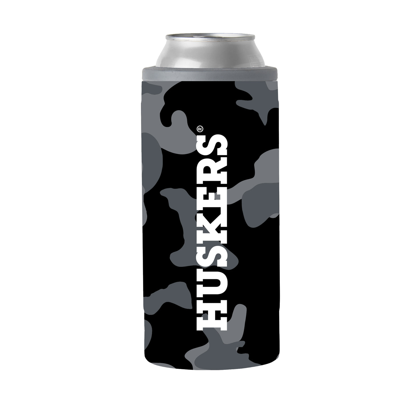 Nebraska Black Camo 12oz Slim Can Coolie