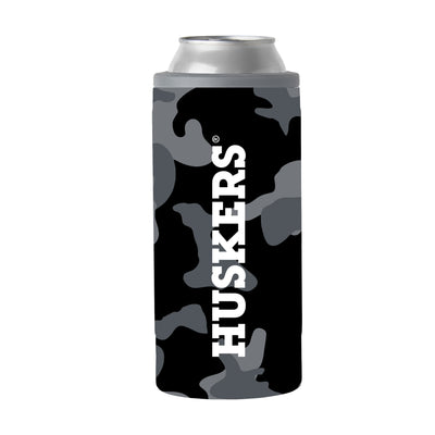 Nebraska Black Camo 12oz Slim Can Coolie