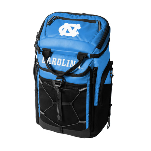 North Carolina 26 Can Backpack Cooler by Logo Brands showing insulated cooler with adjustable straps and front pocket.