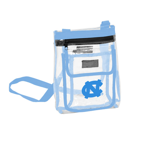 North Carolina Powder Blue Clear Crossbody bag by Logo Brands, showing a transparent bag with blue accents and adjustable strap.