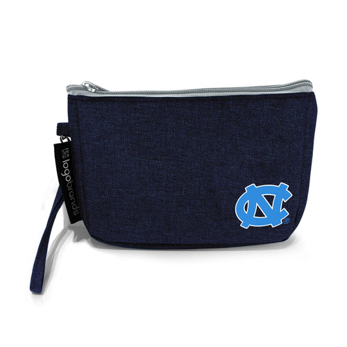 North Carolina Navy wristlet bag by Logo Brands, small accessory with wrist strap and printed North Carolina logo.