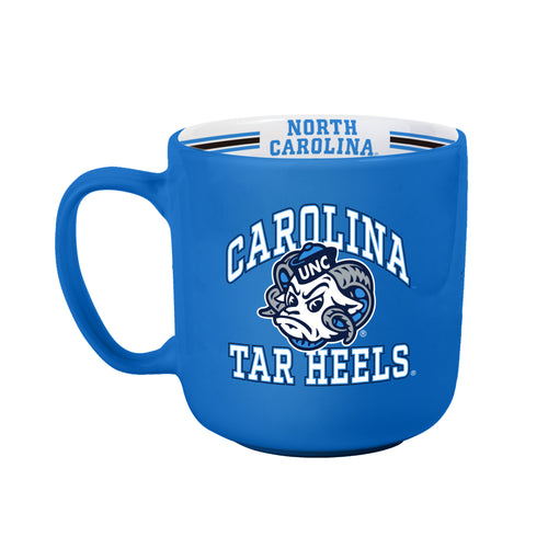 North Carolina 15oz stripe mug by Logo Brands, ceramic drinkware with blue and white stripes, featuring state design.