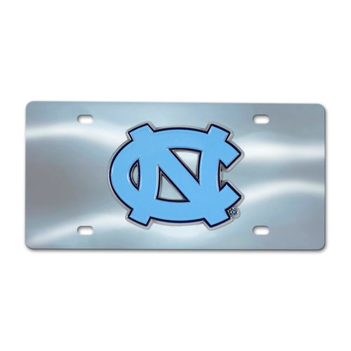 Chrome diecast license plate featuring UNC Chapel Hill logo and branding, designed for vehicle decoration and display.