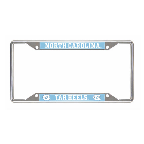 Chrome license plate frame with UNC Chapel Hill logo from Logo Brands, designed to fit standard license plates.