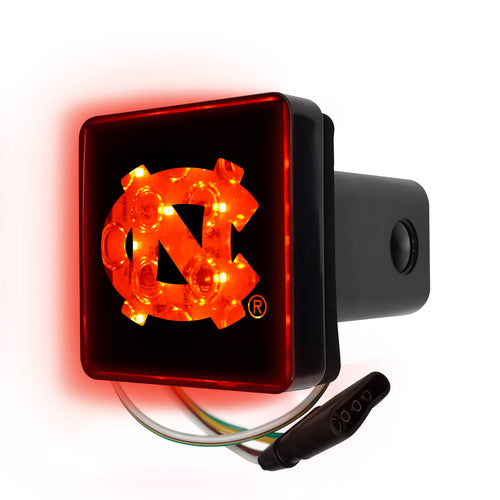 Lighted UNC Chapel Hill hitch cover by Logo Brands, featuring university logo and illuminated design for vehicle trailer hitch.
