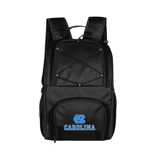North Carolina 24 Black Can Flex Backpack Cooler by Logo Brands showing insulated cooler with adjustable straps and multiple pockets.