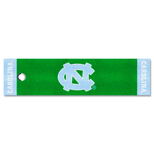 UNC Chapel Hill logo putting green mat with green turf and university emblem, ideal for practicing golf putting indoors or outdoors.