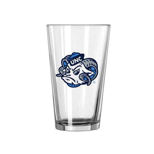 North Carolina 16oz Ram Pint Glass from Logo Brands, clear drinkware with North Carolina Ram logo, suitable for beverages.
