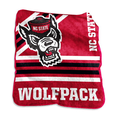NC State Raschel throw blanket by Logo Brands, featuring the NCAA team logo and vibrant team colors.