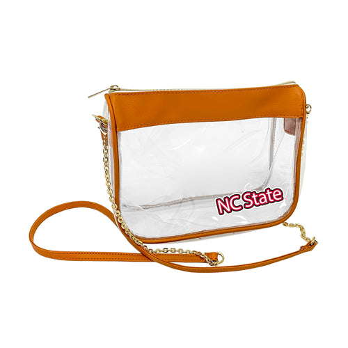 Clear bag with NC State Hype logo from Logo Brands, designed for stadium or event use, featuring tan accents and a sturdy handle.