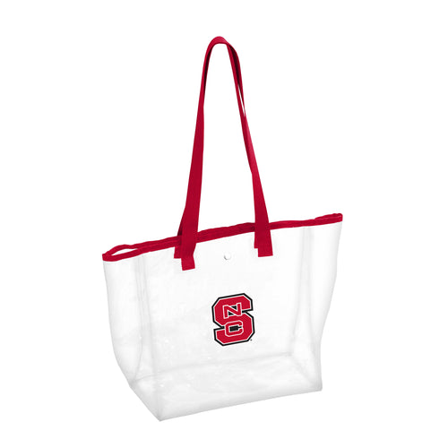 Clear tote bag from NC State Stadium, Logo Brands, with handles and transparent design for stadium security.