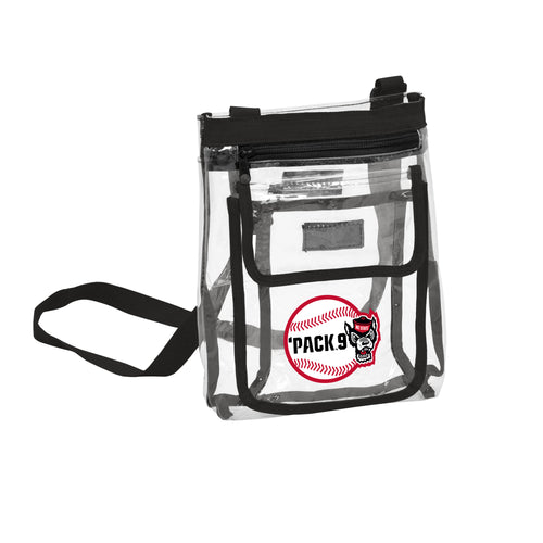 Clear crossbody bag with NC State logo from Logo Brands, featuring adjustable strap and spacious main compartment.