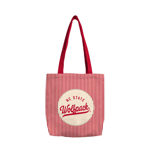 Red canvas tote bag with NC State logo, durable fabric, and sturdy handles, ideal for everyday use or carrying essentials.